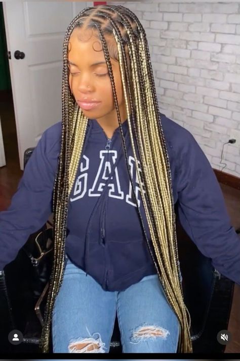 Blond And Black Mixed Braids, Knotless With Blonde And Black, Light Knotless Braids, Knotless Braids With Color Blonde, Cute Knotless Braids With Color, Box Braids With Color In The Back, Flat Box Braids, Knotless Braids With Blonde Highlights, Peekaboo Box Braids Blonde