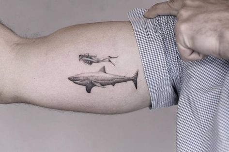 Scuba Diver Tattoo, Shark Tattoo Meaning, Scuba Tattoo, Shark Tattoo Ideas, Shark Tooth Tattoo, Scuba Diving Tattoo, Diver Tattoo, Dove Tattoos, Turtle Tattoo Designs