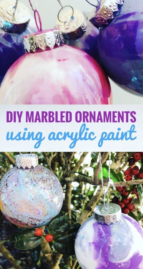 DIY Marbled Ornaments with Acrylic Paint - Create beautiful ornaments with plastic globes and acrylic paint. This is a great craft to do with kids this Christmas. So fun to mix the colors. #handmadeornaments #ornamentcrafts #christmasornaments #marbled #acrylicpainting #acrylicpaintingforbeginners #acrylicpouring #ornaments Paint In Clear Ornaments Glass Ball, Marbling Ornaments Diy Christmas, Plastic Globe Ornament Ideas, Paint In Ornaments Diy, Poured Paint Christmas Ornaments, Hand Painted Glass Christmas Ornaments, Painting Clear Plastic Ornaments, Clear Christmas Ball Ornament Ideas Diy Paint, Acrylic Pour Ornaments Diy