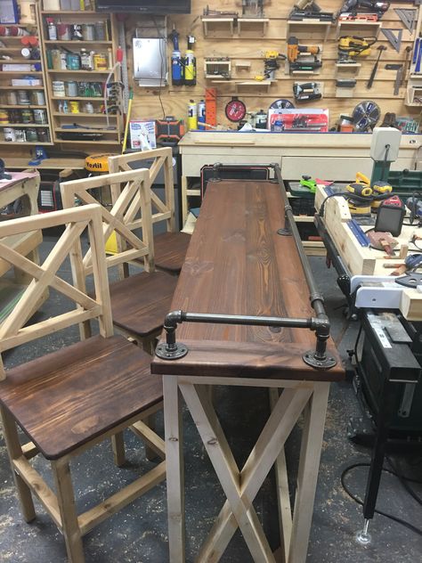 Behind the couch bar top table & matching three stools farmhouse style with Piping for drink rail Table And Chairs Behind Couch, Table Behind Couch With Stools, Behind Couch Bar Table, Bar Table Ideas, Bar Table Behind Couch, Bar Behind Couch, Drink Rail, Farmhouse Basement, Bar Top Tables