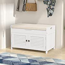 Check this out! Shoe Storage Bench With Cushion, Hallway Mudroom, Wide Cabinet, Shoe Storage Bench Entryway, Louvre Doors, Storage Entryway, Louvered Doors, Bench With Cushion, Storage Bench With Cushion