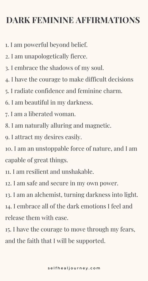 dark feminine energy affirmations Dark Feminine Affirmations, Feminine Affirmations, Dark Feminine Energy, Healing Journaling, Divine Feminine Spirituality, Energy Healing Spirituality, Writing Therapy, Vie Motivation, Dark Feminine