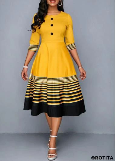 ROTITA Patchwork Striped Yellow Round Neck Half Sleeve Dress | Rotita.com - USD $34.98 Yellow Long Sleeve Dress, Half Sleeve Dress, Latest Dress For Women, Round Neck Dress, Fashion Dresses Online, African Traditional Dresses, African Print Dress, Half Sleeve Dresses, Round Neck Dresses