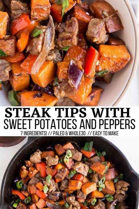 Steak And Sweet Potato, Leftover Steak Recipes, Sweet Potato Dinner, Skillet Steak, Crockpot Steak, Potato Skillet, Crock Pot Potatoes, Leftover Steak, Sweet Potato Skillet