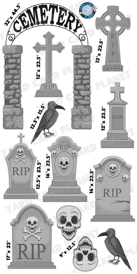 Bring some classic horror to your yard this Halloween with our spooky Halloween Cemetery Gravestones Yard Card Flair Set. Use the Cemetery Entrance Arch as a centerpiece for your guests to have their photo taken with the yard sign. This set makes a great addition to any lawn sign display and can easily be customized by adding a greeting and other flair pieces as part of the yard card setup. You will receive 12 lawn signs, professionally printed, precision cut and ready to stake in various sizes Tombstone Place Cards, Gravestone Halloween Decorations, Cute Gravestones, Cemetery Front Yard Halloween, Funny Tombstones Halloween, Halloween Window Decorations Ideas, Sign Post Tattoo, Grave Stones Ideas Halloween, Cemetery Decorations Halloween