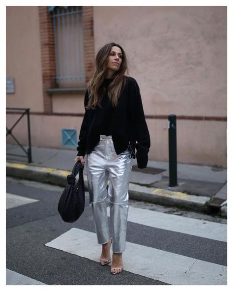 Silver Trousers Outfits Party, Silver Trousers Outfit Women, Silver Cargo Pants Outfit, Silver Leather Pants Outfit, Silver Pants Outfit Night, Silver Metallic Pants Outfit, Silver Trousers Outfits, Silver Jeans Outfit, Silver Skirt Outfit