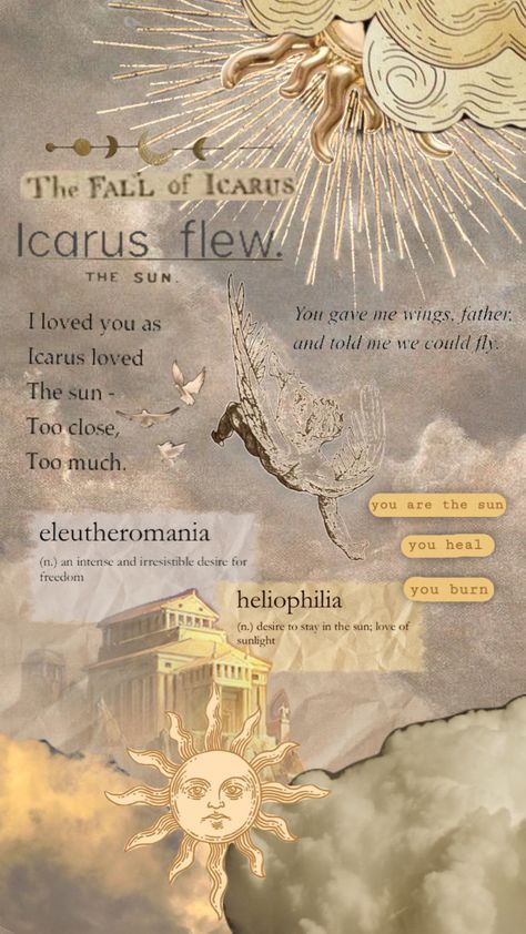 #icarus #icarusandthesun #yellow #greekmythology #ancientgreece #greece #aesthetic #paper #sun #icarusfalls #helios #apollo Helios Aesthetic Sun, Icarus And The Sun Aesthetic, Icarus X Helios, Icarus And Helios, Icarus Aesthetic Wallpaper, Apollo Wallpaper Aesthetic, Sun Boy Aesthetic, Icarus Falls Aesthetic, Icarus X Apollo