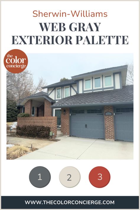 This modern Tudor exterior features a SW Web Gray color palette. Explore the full exterior color scheme. Web Gray Color Palette, Sw Web Gray Exterior, Web Gray Sherwin Williams Exterior, Sw Web Gray, Modern Tudor Exterior, Modern Tudor House Exterior, Modern Tudor House, Tudor Exterior, Tudor House Exterior