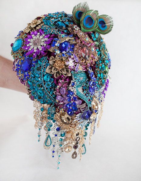 Peacock bouquet Brooch bouquet Peacock Wedding Bridal Purple Brooch Bouquet, Broach Bouquets, Cascading Brooch Bouquet, Turquoise Bouquet, Jeweled Bouquet, Bouquet Purple, Purple Bouquets, Bridesmaid Corsage, Purple Wedding Bouquets