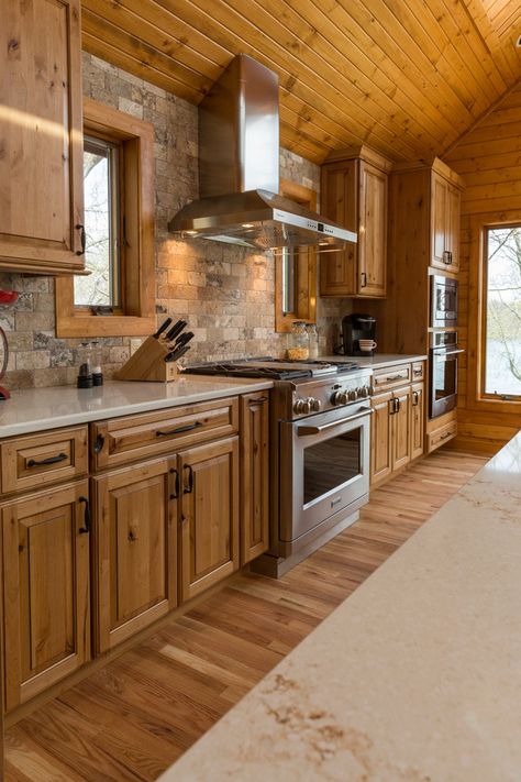 Rustic Modern Lake Retreat - Kitchen - Rustic - Kitchen - Milwaukee - by Geneva Cabinet Company, LLC | Houzz Log Cabin Kitchens Cabinets, Knotty Alder Kitchen Cabinets, Knotty Alder Kitchen, Alder Kitchen Cabinets, Log Cabin Kitchens, Pine Kitchen Cabinets, Log Cabin Kitchen, Log Home Kitchen, Lodge Kitchen