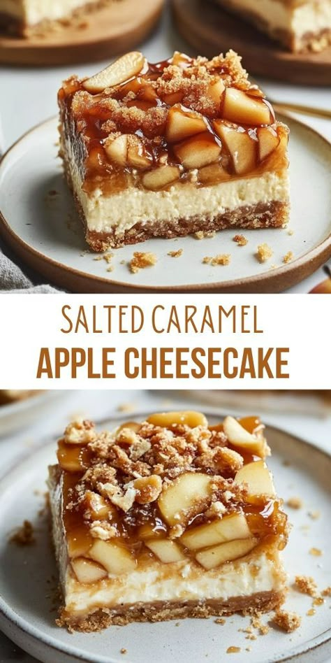 Salted Caramel Apple Cheesecake Bars Ingredients: For the Shortbread Crust: ¾ cup (170g) unsalted butter, room temperature ¾ cup (159g) light brown sugar, packed 2 cups (240g) all-purpose flour ½ teaspoon ground cinnamon ¼ teaspoon ground nutmeg ¼ teaspoon salt #Apple #Cheesecake Caramel Apple Topping For Cheesecake, Salted Caramel Apple Bars, Salted Caramel Apple Cheesecake, Fall Cheesecakes, Carmel Apple Cheesecake Bars, Cinnamon Apple Cheesecake, Fall Cheesecake Recipes, Apple Pie Cheesecake Bars, Apple Cheesecake Recipes