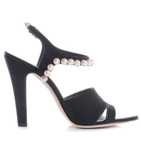 Chanel Thong Sandals, Chanel 2014, Strap Sandals Heels, Black Satin Heels, Chanel Pearl, Chanel Sandals, Stylish Heels, Chanel Pearls, Ankle Strap Sandals Heels