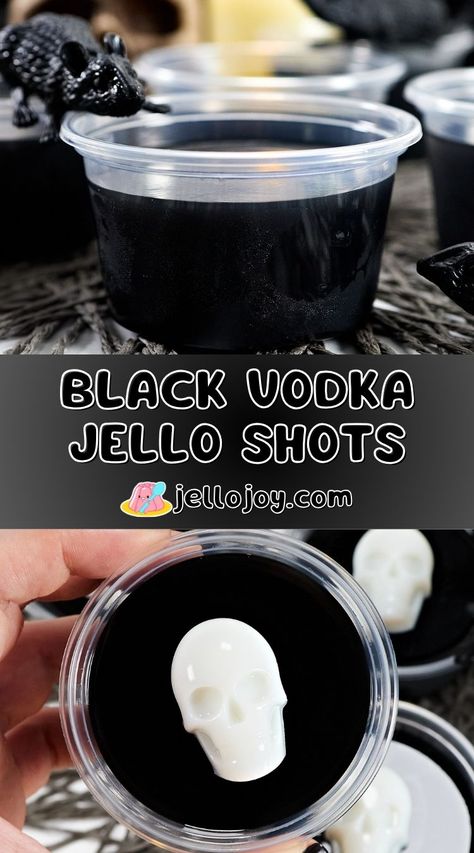 Black Jello Shots are best vodka jello shots to bring that spooky vibe to your Halloween party! A yummy and easy to make boozy treats for adults, or you can make them non-alcoholic for the to kids enjoy too! | jellojoy.com Halloween Jello Shots Alcohol Parties, Best Tasting Jello Shots, Beetlejuice Halloween Party Food, White Jello Shots, Halloween Jell-o Shots, Black Cherry Jello Shots, Black Jello Shots, Spooky Jello Shots, Halloween Jello Shots Alcohol