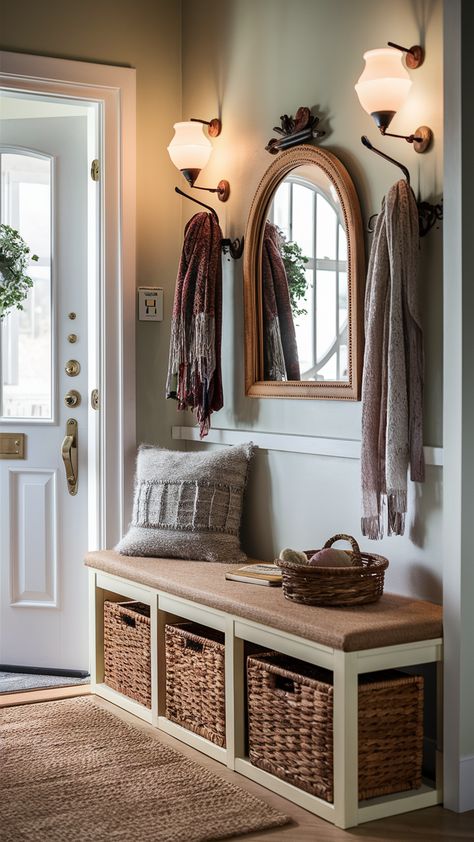 Elevate your entryway with this chic IKEA-style hallway bench! Strategically placed by the door, it combines functionality and style, offering a perfect spot to sit and remove shoes. Underneath, woven baskets provide organized storage for bags and shoes, while a decorative mirror above adds a touch of elegance. A coat rack adorned with colorful scarves brings personality and warmth. Soft ambient lighting welcomes guests into your home, creating an inviting atmosphere. Discover how to transform your entryway into a stylish and organized space! Click to explore more ideas! #EntrywayDecor #IKEAStyle #HomeOrganization #InteriorDesign #HallwayBench #CozyHome #StorageSolutions Traditional Style Entryway, Hallway Bench And Coat Rack, Entryway Shoe Rack Ideas, Entry Way With Mirror And Bench, Shoe Bench Entryway Decor, Gossip Bench Entryway, Mirror With Hooks Entryway, Coat Rack Ideas Entry Way, Entryway Nook Ideas