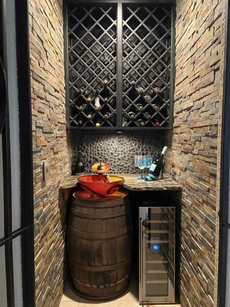 Turn Closet Into Wine Cellar, Closet To Wine Cellar, Rustic Wine Cellar Ideas, Diy Wine Cellar Closet, Home Wine Cellars Small, Wine Closet Ideas Small Spaces, Wine Making Room, Small Wine Room, Small Wine Cellar