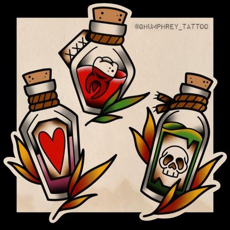 Traditional Tattoo Drawings, Poison Bottles, Brighton Tattoo, Traditional Tattoo Flash Art, American Traditional Tattoo Ideas, Traditional Tattoo Flowers, Hippie Tattoo, Traditional Tattoo Ideas, Bottle Tattoo