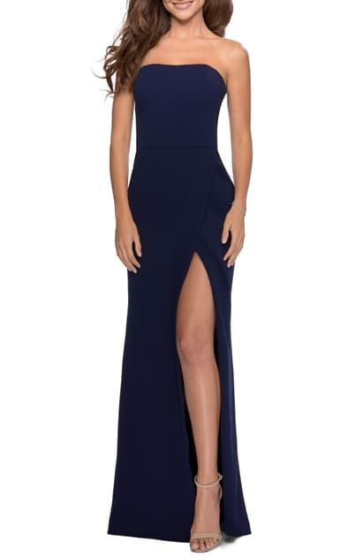 LA FEMME STRAPLESS DOUBLE CROSS BACK GOWN. #lafemme #cloth Jersey Evening Dress, Jersey Prom Dress, Straight Across Neckline, Strapless Prom Dress, Slinky Dress, Prom Dress Stores, Prom Dress Styles, Prom Style, Prom Designs