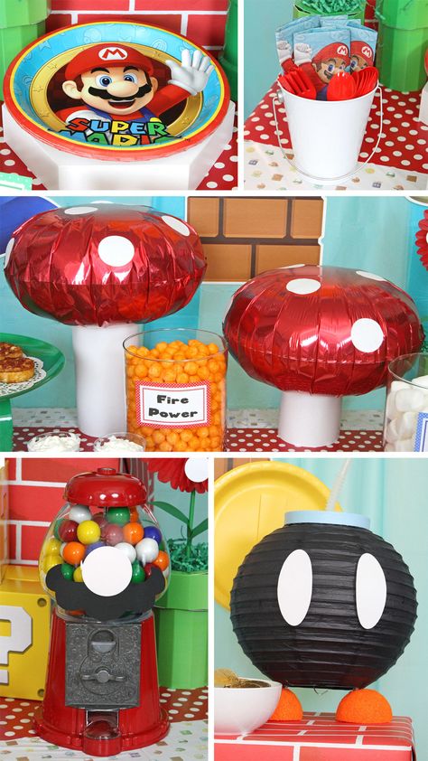 Mario Brother Decorations, Mario Toad Decorations, Super Mario Brothers Party Decorations, Mario Party Centerpieces, Mario Bros Centerpieces Ideas, Mario Odyssey Birthday Party, Super Mario Centerpieces, Super Mario Decorations, Mario Birthday Party Decorations