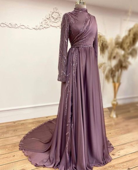 Nikah Dress, Modest Evening Dress, Chiffon Hijab, Dress Muslim, Islamic Dress, Dusty Rose Dress, Blue Evening Dresses, Muslim Dress, Long Sleeve Evening Dresses