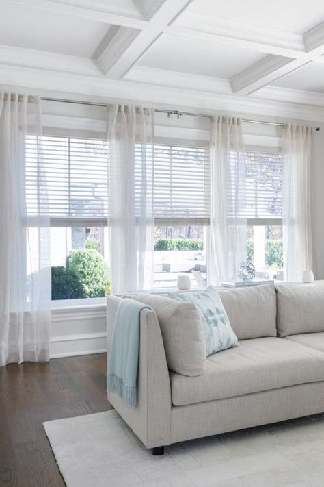 Curtains And Blinds Together, Large Windows Living Room, White Wood Blinds, Big Windows Living Room, Blinds And Curtains Living Room, Large Window Treatments, Curtains Over Blinds, Blinds For Large Windows, Large Window Curtains