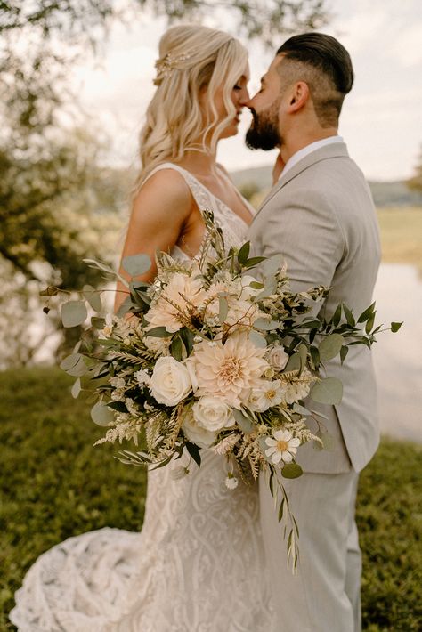 Wedding Bouquet No Roses, Wedding Flowers September Bouquets, Bride Bouquet Neutral, Neutral Eucalyptus Wedding, Long Bouquet Flowers, White And Taupe Wedding Bouquet, Country Chic Bouquet, Wedding Flower Arrangements Neutral, Wedding Flowers Boho Bridal Bouquets