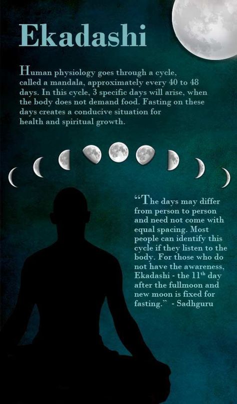 Ekadashi means the 11th day after the full moon and the 11th day after the new moon. The human physiology goes through a cycle called a mandala, approximately every 40 to 48 days. In this cycle, three specific days will arise when the body does not demand food. If you identify those days in your life and not give the body food – because it is not asking for it – a lot of your health issues will be handled by that simple pattern. | #natural #alternative #health #wellness #fasting #tips #insights Human Physiology, Hindu Culture, Vedic Mantras, Hindu Mantras, A Course In Miracles, Chakra Meditation, The Full Moon, Pranayama, New Moon