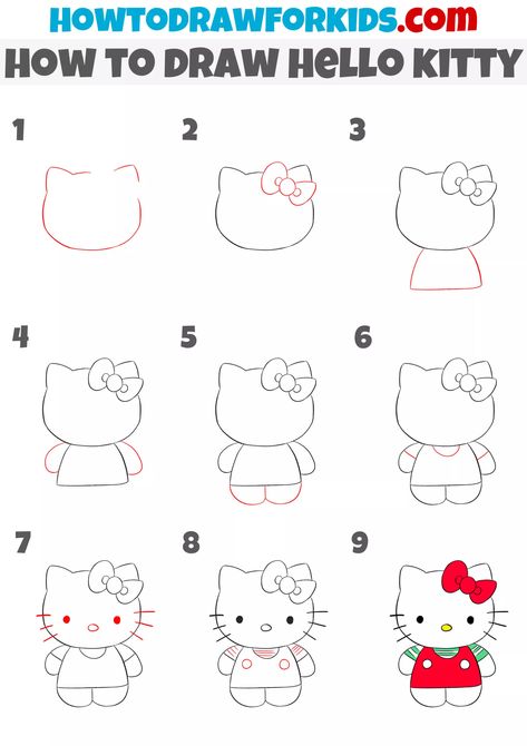 Hello Kitty Drawing Easy Step By Step, How To Draw Hello Kitty Step By Step, How To Draw Sanrio Characters, Hello Kitty And Friends Drawing, How To Draw Hello Kitty, Cute Hello Kitty Drawing, Hello Kitty Painting Canvases, Hello Kitty Tutorial, Hello Kitty Drawing Easy