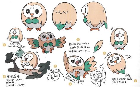 Pokemon Sun, Moon, Ultra Sun and Ultra Moon concept art of Rowlet with a 3 point turn at the top, along with additional poses Pokemon Concept Art Pokemon Design, Pokémon Concept Art, Pokemon Concept Art, Rowlett Pokemon, Gen 8 Pokemon, Gen 7 Pokemon, Pokemon Concept, Pokémon Design, Concept Art Books