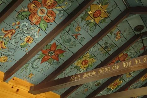 Scandinavian Folk Art Ceiling Mural Painted Ceiling Beams, Bedroom Paint Ideas, Painted Beams, Folk Decor, Porch Ceiling, Ceiling Murals, Ceiling Art, Blue Paint Colors, Best Paint Colors