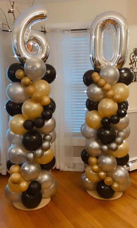 Birthday Balloon Columns 60th Bday Theme Ideas, 60 Ballon Decoration, Balloon Arch 60th Birthday, 60th Birthday Party Decor Ideas, Black Gold Silver Balloon Columns, 50th Birthday Balloon Columns, 60 Birthday Balloons, 60th Balloon Ideas, Grandpa Birthday Party Ideas