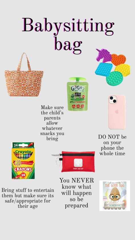 I hope you have an idea for what to put in your babysitting bag!! Also you can obviously put your own stuff.💕 Babysitting Bag, Babysitting Hacks, Babysitting Kit, Babysitting Flyers, Babysitting Activities, Babysitting Fun, Babysitting Jobs, Best Study Tips, Activity Kits