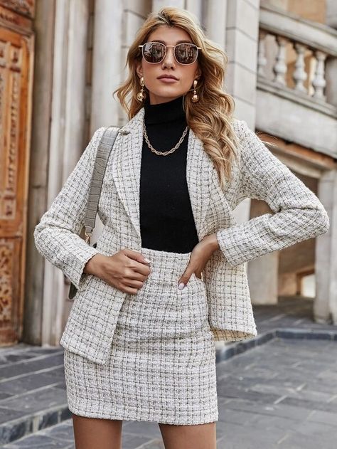 Open Front Belted Plaid Tweed Blazer & Skirt Set | SHEIN USA Tweed Skirt And Blazer, Tweed Blazer And Skirt Set, Tweed Skirt And Blazer Outfit, Tweed Blazer Skirt Outfit, Tweed Coord Set, Matching Skirt And Blazer, Skirt And Blazer Outfit, Tweed Set Outfit, Skirt Suit Outfit