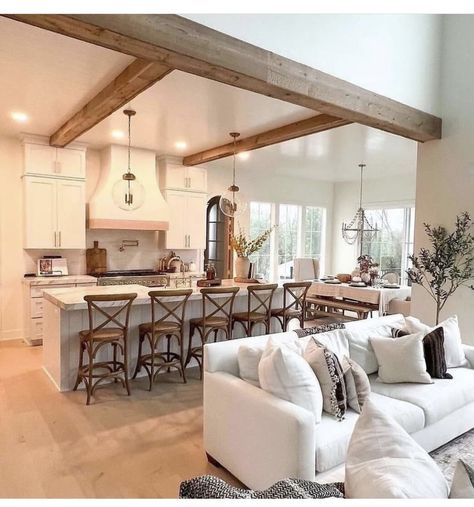 Wooden Beams Ceiling Kitchen, Kitchen Ceiling Lower Than Living Room, Medium Wood Kitchen, Kitchen Beams, Open Concept Kitchen Living Room Layout, Vaulted Ceiling Ideas, Pantry Door Ideas, Modern Farmhouse Kitchen Cabinets, Vaulted Ceiling Kitchen