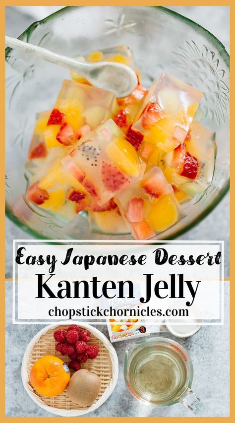 Delicious and pretty Japanese dessert recipe. Kanten Jelly is made from red algae, rich in plant fibre and ultra-low calories (only 3 cal in 100g). So this Japanese dessert recipe is a Vegan-friendly recipe as well as an easy snack recipe for Japanese cooking for beginners. #Kantenjelly #vegandessert #japanesedessertrecipe #japanesedessert #japanesesnack #japanesesweets #Japaneserecipe #veganrecipe Asian Jelly Desserts, Gelatin Dessert Recipes, Jelly Aesthetic, Japanese Picnic, Asian Deserts, Japanese Buffet, Desserts Japonais, Japanese Dessert Recipes, Asian Dessert Recipes