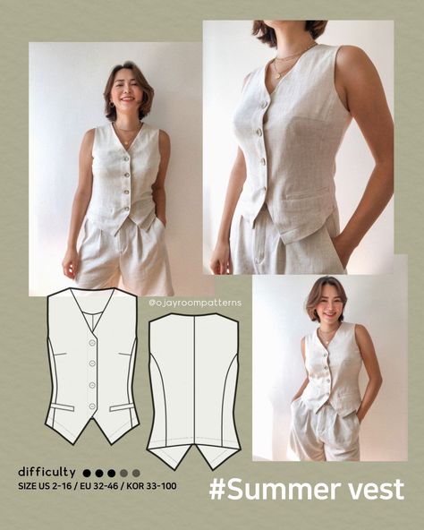 Summer Suit Set Waistcoat Vest and Shorts PDF Sewing Pattern - A4, LETTER, A0 - XXSXXXL - 8 Sizes - Video Tutorial Linen Vest Pattern, Vest Patterns For Women Sewing, Vest Pattern Sewing, Diy Vest, Unique Sewing Patterns, Waistcoat Pattern, Vest Patterns, Suit Sewing Patterns, Christian Borle