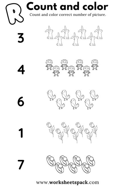 Count and Color Worksheets Free Letter R Pictures Printable for Kindergarten - Printable and Online Worksheets Pack Grade R Worksheets Free Printable, Grade R Worksheets, Math Counting Activities, Pattern Worksheet, Counting Worksheets, R Words, Free Printable Activities, Self Confidence Quotes, Phonics Worksheets