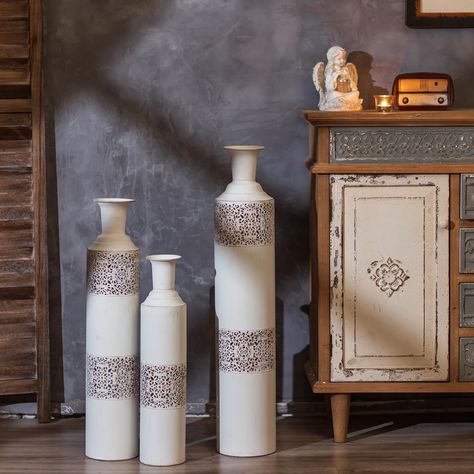 PRICES MAY VARY. HANDMADE WHITE FLOOR VASE SET - Our tall vases are handcrafted from high quality metal. The center of the large vase is hollowed out in a floral pattern, and the surface of the gold vases are covered with brushed gold texture, presenting a classic retro look. Adding an elegant and stylish touch to your space. Metal big vase is built to last and not easily lose color. UNIQUE NESTING DESIGN TALL FLOOR VASE - You will receive 3 different sizes of white decorative vases which can be Extra Large Floor Vase, White Floor Vase, Extra Large Vase, Tall White Vase, Arts And Crafts Bathroom, Floor Standing Vase, Big Vase, Large Floor Vase, Tall Floor Vases