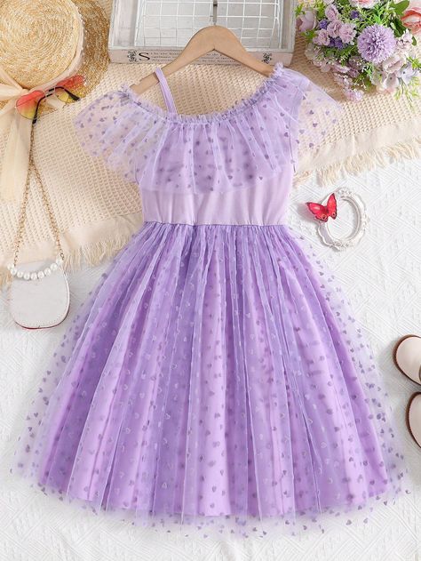 Frocks For Kids, Shein Kids, Girls Heart, Cute Dress Outfits, Ruffle Trim Dress, Mauve Purple, Kids Frocks, Mesh Overlay, Wedding Fabric