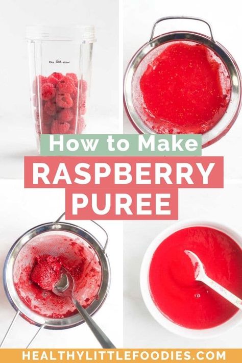 Learn how to make Raspberry Sauce / Puree with this simple recipe and guide. Includes tips for how to make smooth, seedless puree using both frozen or fresh raspberries. Not just a baby puree, use this puree in cocktails, drinks, cakes, desserts or swirl through oatmeal, yoghurt or ice cream. Enjoy! #raspberrypuree #puree Fruit Puree Recipes Desserts, How To Make Fruit Puree, Raspberry Puree Recipe For Drinks, Raspberry Puree Recipe Desserts, Fruit Puree Recipes For Drinks, Swig Recipes, Raspberry Puree Recipe, Strawberry Puree Recipe, Truvia Recipes