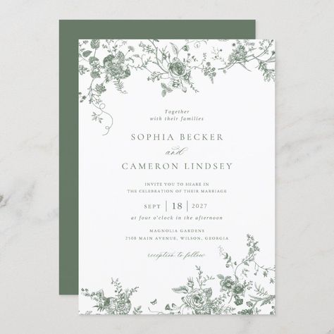 Elegant Vintage Floral Sage Green Wedding Purple And Green Invitations, Botanical Wedding Reception, White Green And Silver Wedding, White Green Wedding Invitation, Twilight Wedding Invitation, Gray And Sage Green Wedding, Sage Green And Silver Wedding, Sage Green Black And White Wedding, Earthy Wedding Invitations