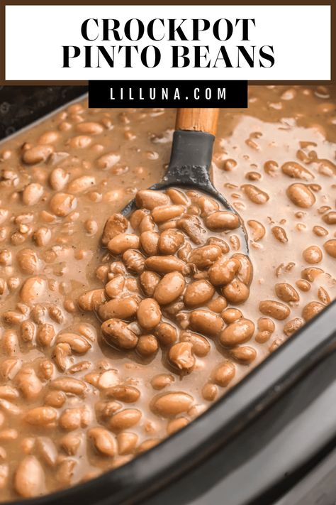 Nutrient-rich pinto beans are cooked to perfection. These make a great meal or a tasty side dish to any of your Mexican dishes. #pintobeans #mexicanpintobeans #perfectpintobeans #beans #mexicanfood Pioneer Beans Recipe, Mexican Pinto Beans Crockpot, Crockpot Pinto Beans With Bacon, Crock Pot Beans Pinto, Pinto Beans Crockpot Recipes, Crockpot Pinto Beans And Ham, Crockpot Pinto Beans With Ham Hock, Crockpot Beans Pinto, Crockpot Pinto Beans No Soak