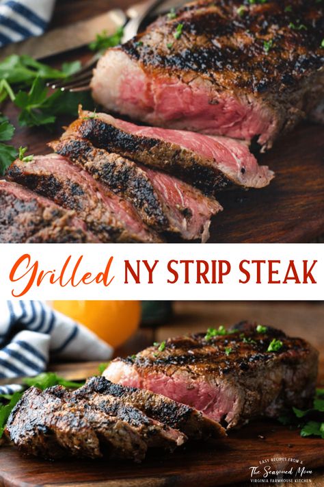 Grilling New York Strip steaks is the best way to cook this prime cut of meat! You just can't beat the seared char on the outside and the tender, juicy inside. With basic ingredients and a quick, simple preparation, this Grilled New York Strip Steak recipe lets the meat's robust natural flavors shine! Boneless Ny Strip Steak Recipe, New York Strip Steak Recipes Grilled, New York Steak Recipe, Ny Strip Steak Recipes, New York Strip Steak Recipes, New York Strip Roast, Striploin Steak, Good Steak Recipes, Beef Loin