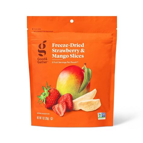 Take a tasty snack with you on the trail with the Freeze-Dried Strawberry & Mango Slices from Good & Gather™. This freeze dried fruit blend contains a tasty mixture of mango and strawberry slices for a sweet, energizing snack that is great for any time of day. The freeze drying process removes the water from the fruit but preserves the flavor and nutritional value, making these real fruit slices perfect for on-the-go snacking and a great addition to your salads or meals. They contain no rtificia Healthy Snacks Packaged, Healthy Target Snacks, Healthy Lunch Foods, Target Snacks, Oven Dried Strawberries, Mango And Strawberry, Mango Slices, Dried Peaches, Dried Mango