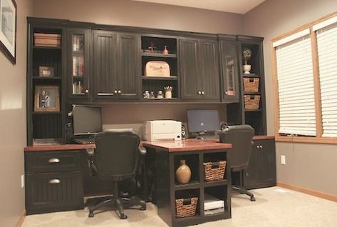 DIY Office with T- shaped Countertop and Built-in Cabinets Office Cabinet Design, Cheap Office Furniture, Home Office Cabinets, Office Remodel, Diy Office, Craft Room Office, Built In Cabinets, Built In Desk, Gaming Desk