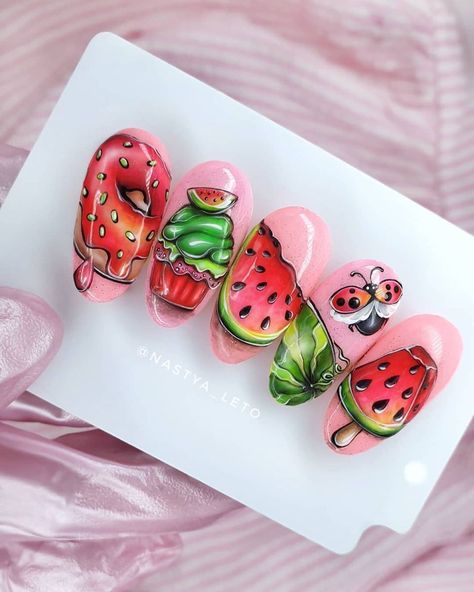 Easy Summer Nail Art, Fruit Nail Designs, Summer Nails Colors Designs, Summer Nails Ideas, Almond Nail Art, Fruit Nail Art, Nail Art Designs Images, Summer Nail Designs, Tropical Nails