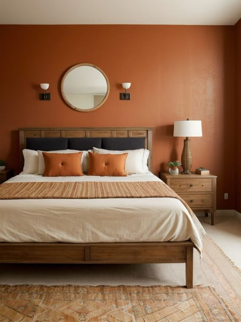 Rust Accent Wall Bedroom, Terracotta Bedroom Aesthetic, Rust Orange Accent Wall, Terecotta Design Bedroom, Terracotta Feature Wall, Terracotta Walls Bedroom, Bedroom Orange Walls, Burnt Orange Bedroom Walls, Terracotta Accent Wall Bedroom