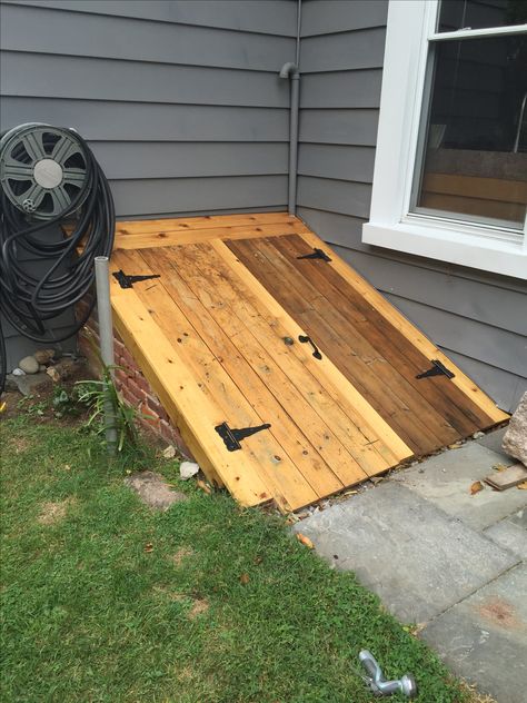 Cellar doors from reclaimed doors. Cellar Door Cover, Basement Cellar Door Ideas, Diy Cellar Door, Cellar Door Ideas, Cellar Entrance, Crawl Space Door, Basement Stairway, Bulkhead Doors, Bilco Doors