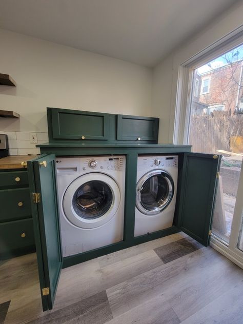 Hiding Washer Dryer In Kitchen, Hallway Washer And Dryer, Washer Dryer Cabinet In Kitchen, Washer And Dryer Countertop Cabinets, Hiden Washing Machine, Washer And Dryer Cupboard, Diy Hidden Washer And Dryer, Washer Dryer In Cabinet, Laundry Enclosure Washer And Dryer