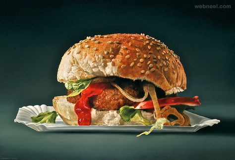 hamburger realistic oil paintings by tjalf sparnaay Tjalf Sparnaay, Hyper Realistic Art, Hyperrealistic Art, Photo Realism, Food Paintings, Big Burgers, Painting Food, Hyper Realism, Food Still Life