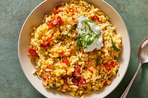 Creamy One-Pot Orzo With Corn and Bacon Recipe - NYT Cooking Corn Orzo, One Pot Orzo, Ny Times Recipes, Nyt Recipes, Bacon Corn, Orzo Recipe, The Verb, One Pot Dinner, Sausage And Peppers